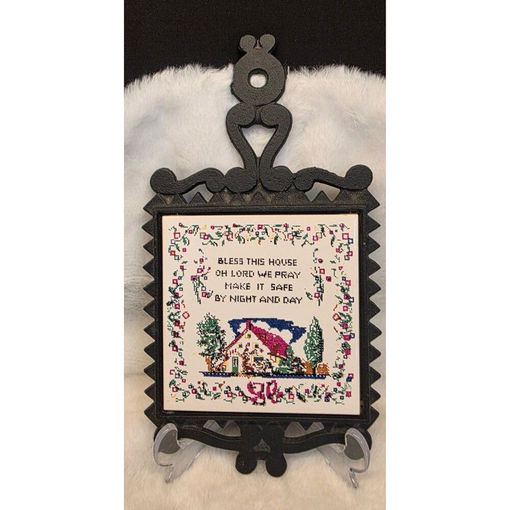 Vintage Napcoware "Bless This House" Cast Iron Ceramic Tile Trivet Cottage Core